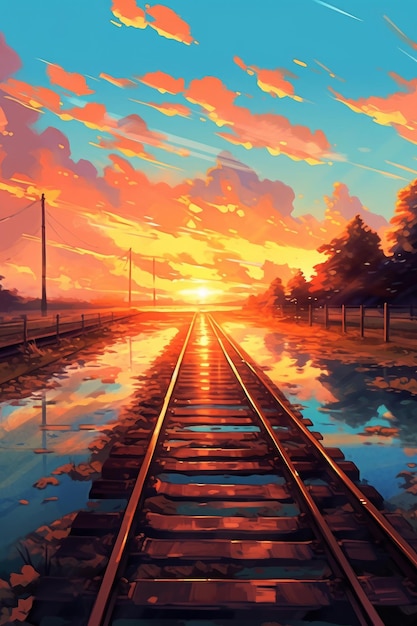 A painting of a railroad track with a sunset in the background.