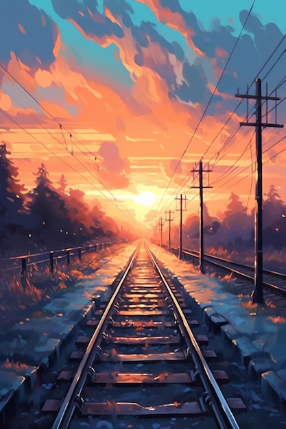A painting of a railroad track with a sunset in the background.