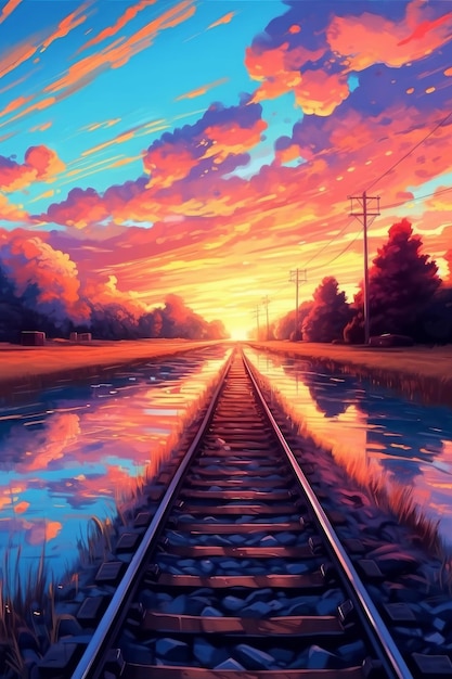 夕日を背景に線路を描いた絵。