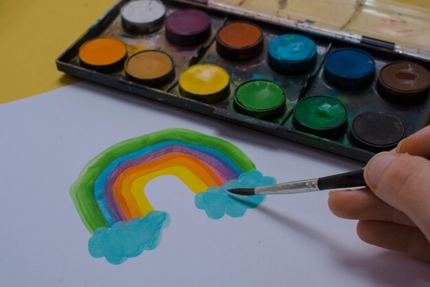 Photo painting of rainbow and brush stay at home concept