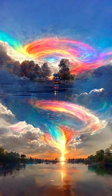 Painting of a rainbow cloud over a body of water generative ai