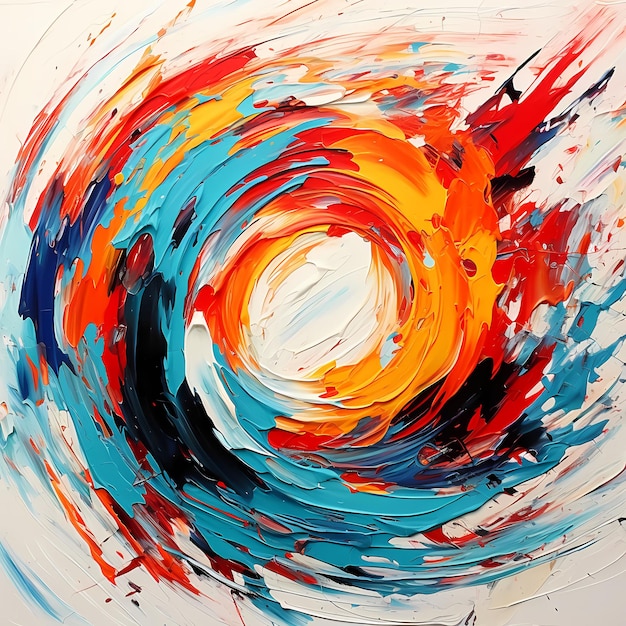 A painting of a rainbow colored circle with a large orange and blue swirl in the middle