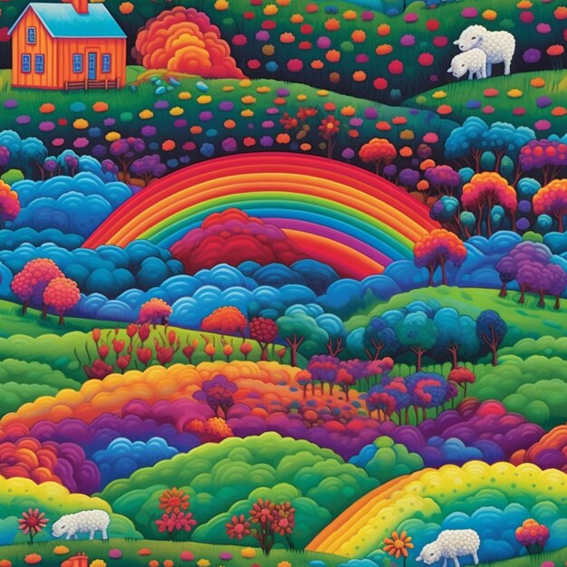 A painting of a rainbow colored field with sheep and a house generative ai