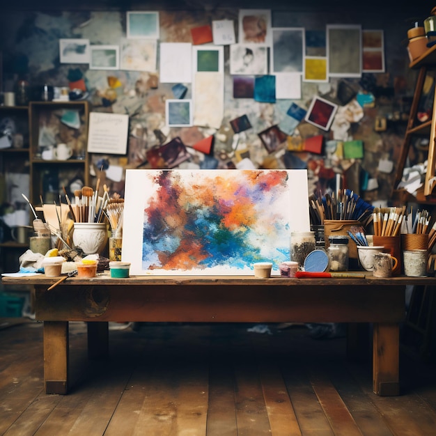 a painting of a rainbow colored paint is on a table