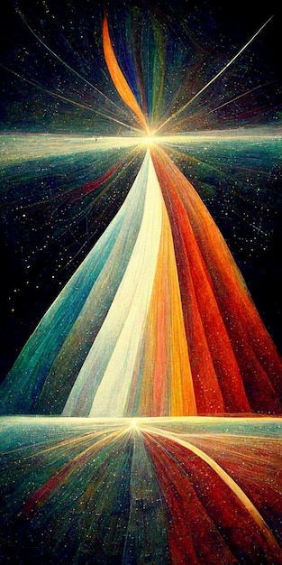 Painting of a rainbow colored pyramid on a black background