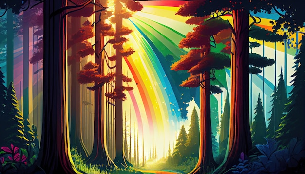 A painting of a rainbow in a forest generative AI