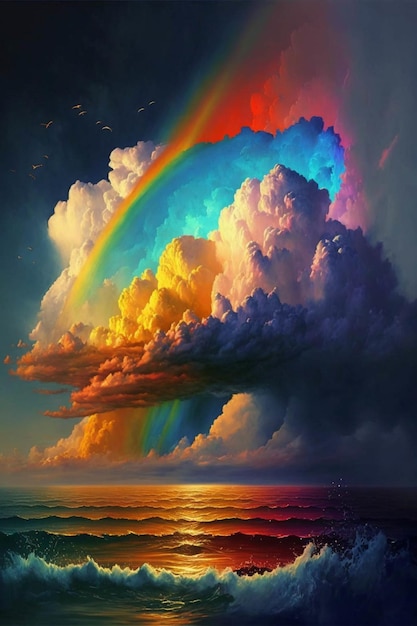 Painting of a rainbow over the ocean generative ai