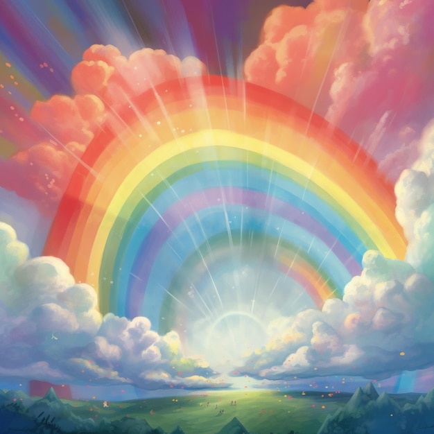 Painting of a rainbow in the sky with a rainbow in the background generative ai
