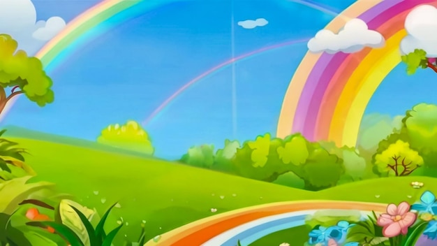 背景に虹が描かれている虹の絵画