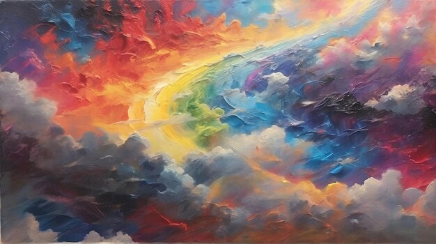 a painting of rainbows and clouds with a rainbow in the background