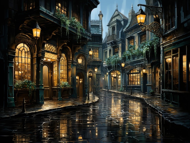 painting of a rainy street with a couple of lamps on the side generative ai