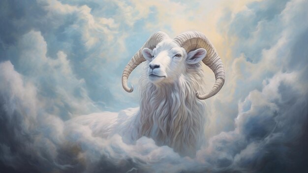painting of a ram in the clouds with a sky background generative ai