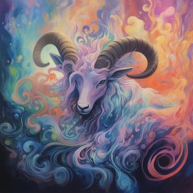 Painting of a ram with a colorful swirly background generative ai