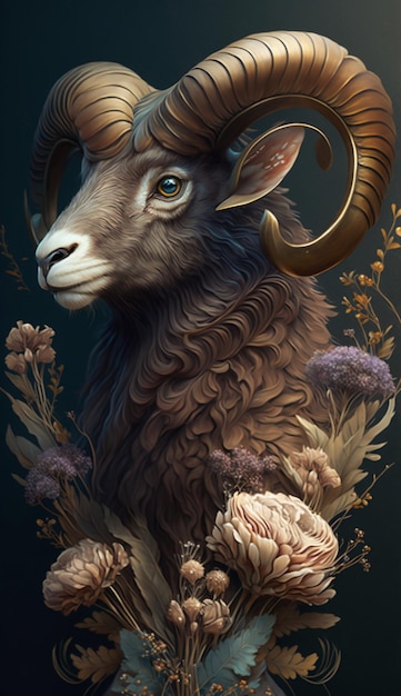 A painting of a ram with a large horn and a large blue eye.