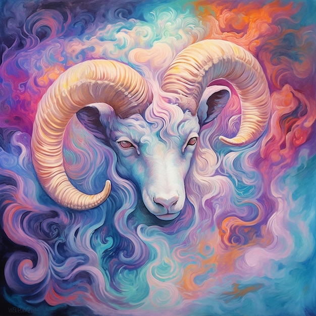 Painting of a ram with a long horn and a colorful swirly background generative ai