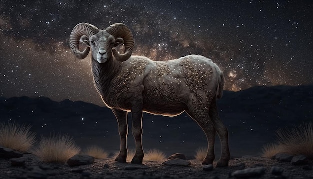 A painting of a ram with the night sky in the background.