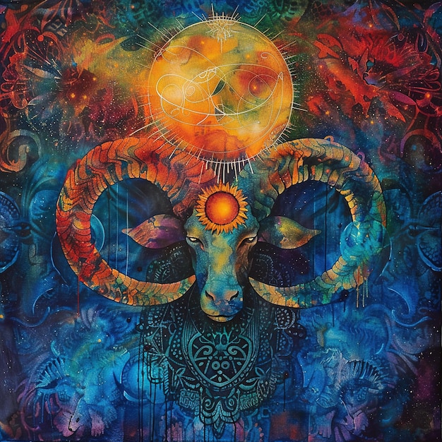 a painting of a ram with a skull and the moon in the background