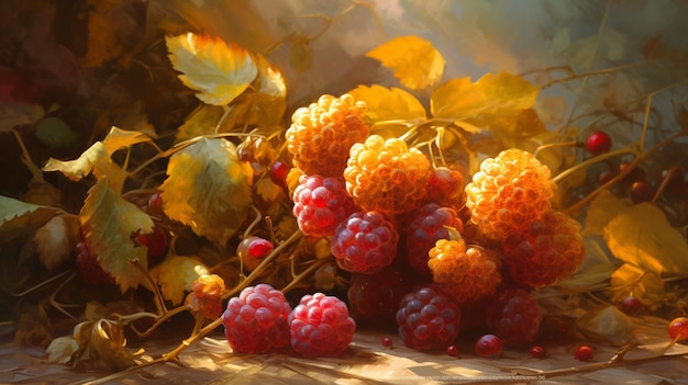 A painting of raspberries and grapes with yellow leaves