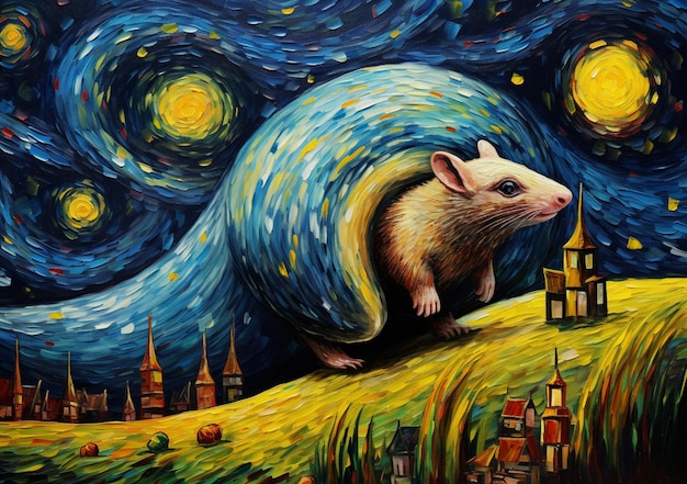 painting of a rat on a hill with a starry sky generative ai