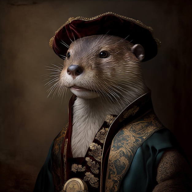 A painting of a rat wearing a blue coat and hat.