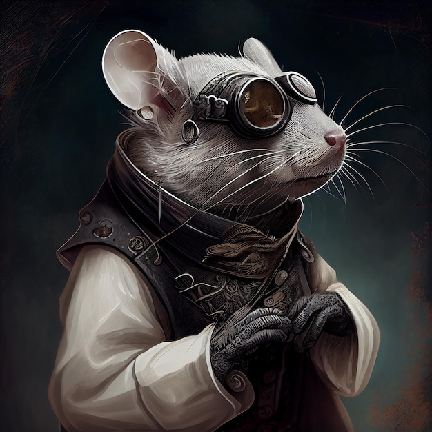 A painting of a rat wearing a goggles and a vest.