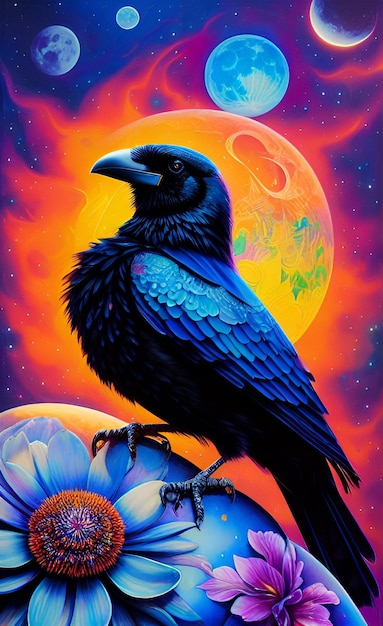 A painting of a raven with a moon in the background.