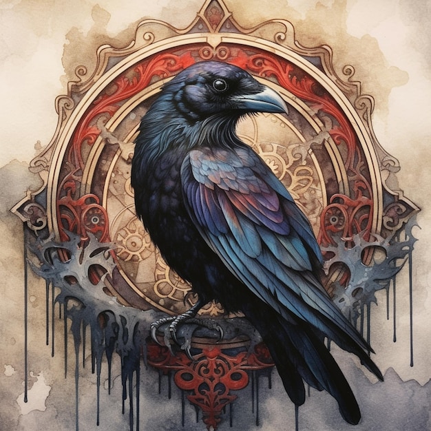 A painting of a raven with a red circle in the center.