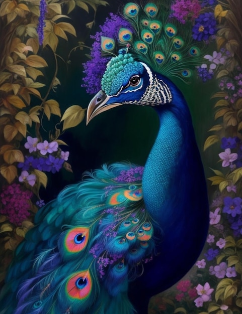 A painting of a realistic peacock with flowers generative ai
