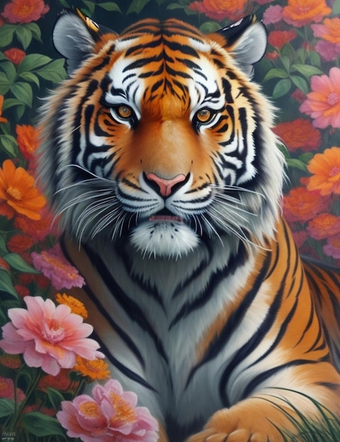 A painting of a realistic tiger with flowers generative ai