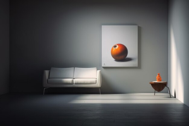 A painting of a red apple hangs on a wall.