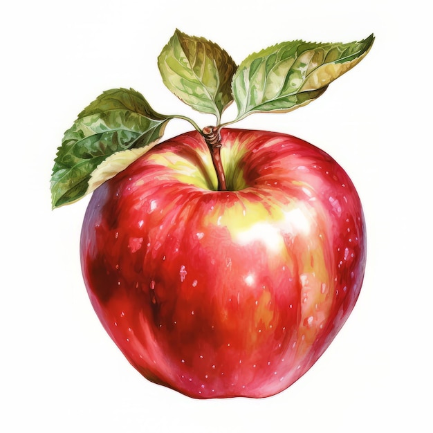 Photo a painting of a red apple with green leaves on it