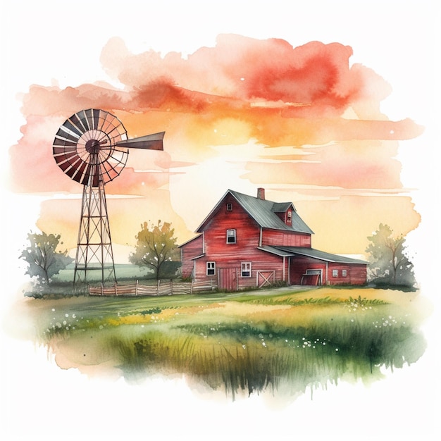 Painting of a red barn and windmill in a field with a sunset generative ai