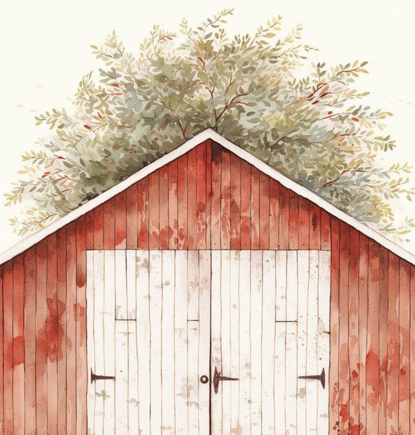 Photo painting of a red barn with a tree on top generative ai