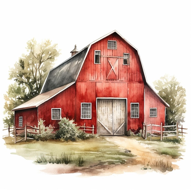 painting of a red barn with a white door and a fence generative ai