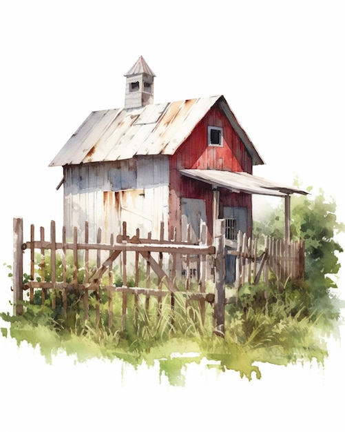 Painting of a red barn with a wooden fence and a steeple generative ai