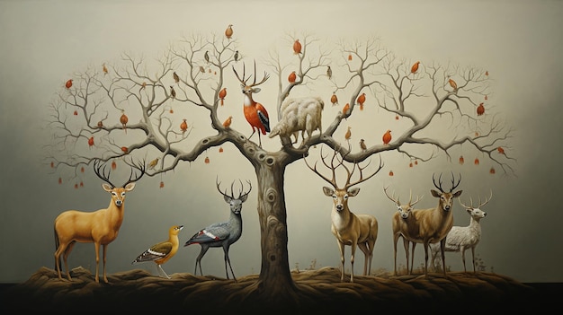 A painting of a red bird and a tree with a deer on the top