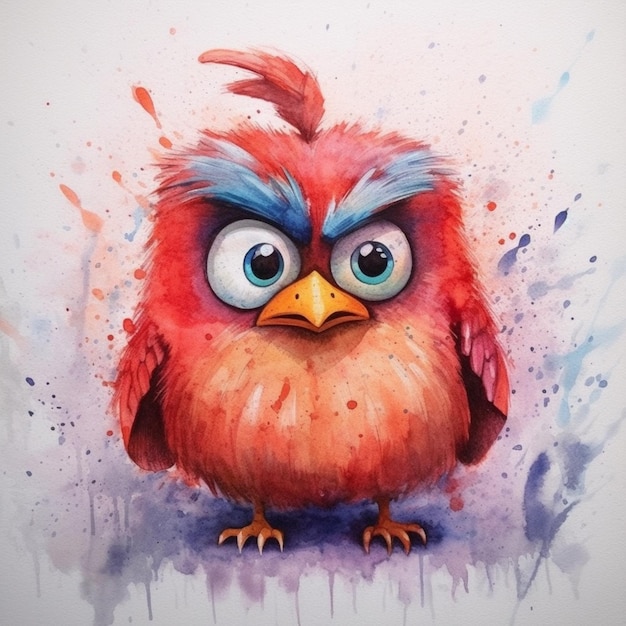 painting of a red bird with blue eyes and a pink beak generative ai