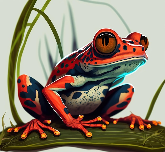 A painting of a red and black frog with a green background and the word frog on it.