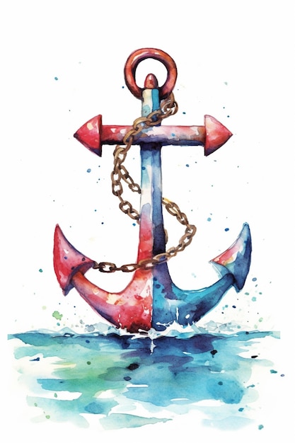 Photo painting of a red and blue anchor with a chain on it generative ai