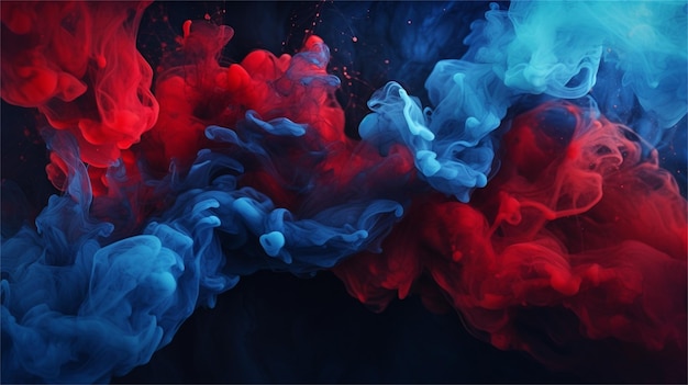 A painting of red and blue dye in the middle of a black background.