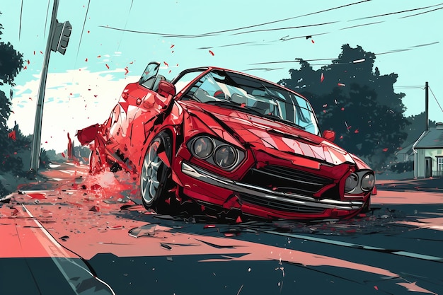 Картина красной машины на городской улице Серьезная автомобильная авария ДТП
