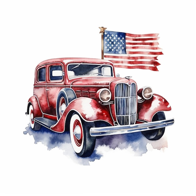 Painting of a red car with an american flag on the front generative ai