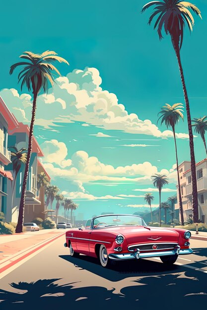 a painting of a red car with palm trees in the background