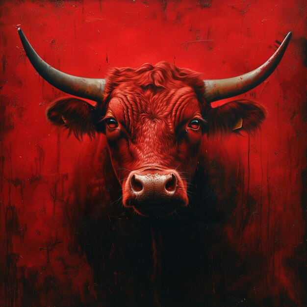 painting of a red cow with horns on a red background generative ai