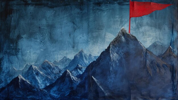 Painting of a Red Flag on the Peak of a Mountain