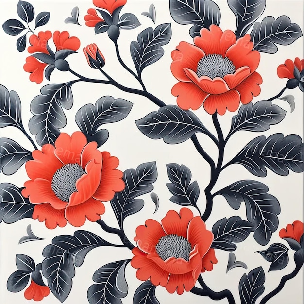 A painting of red flowers on a white background