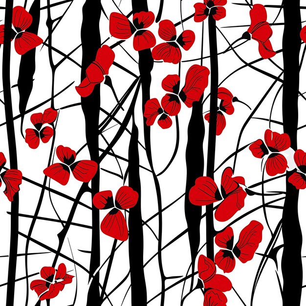 a painting of red flowers with black and white background