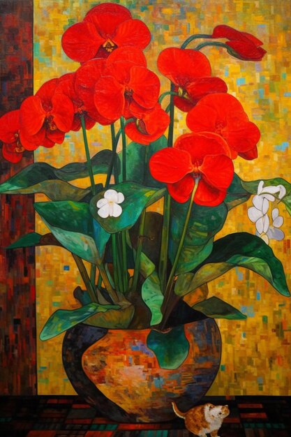 A painting of red flowers with green leaves and white flowers