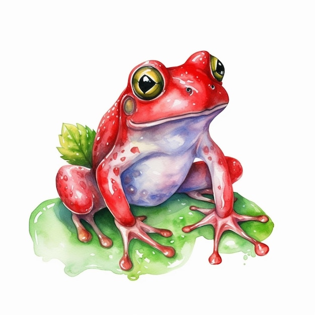 Painting of a red frog sitting on a leaf with a green leaf generative ai