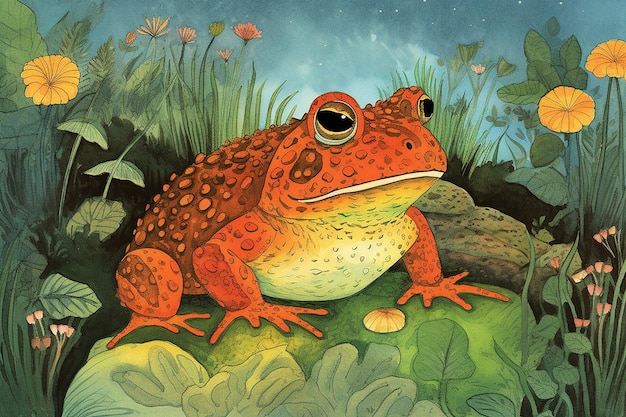녹색 배경과 배경에 녹색 잎이 많은 식물을 가진 빨간 개구리의 그림.